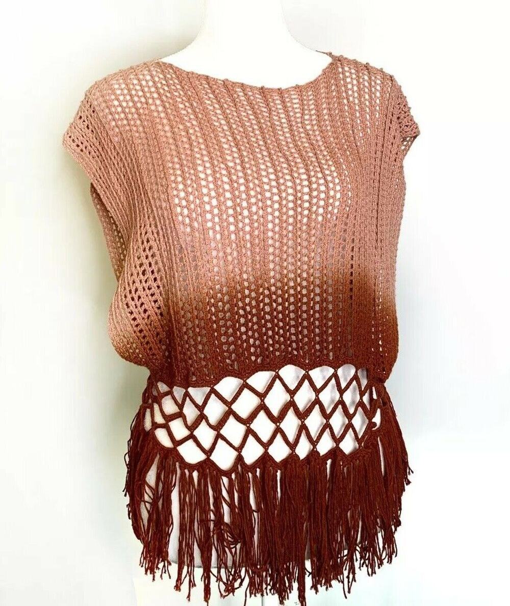 Torn by Ronny Monica brown crochet knit blouse sleeveless boat neck sz xs